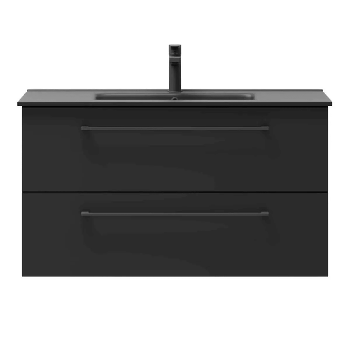 Badrumsmöbel med klassiska fronter - 100x46x57 cm - mattsvart - svart porslinstvättställ - svart handtag - Vollen