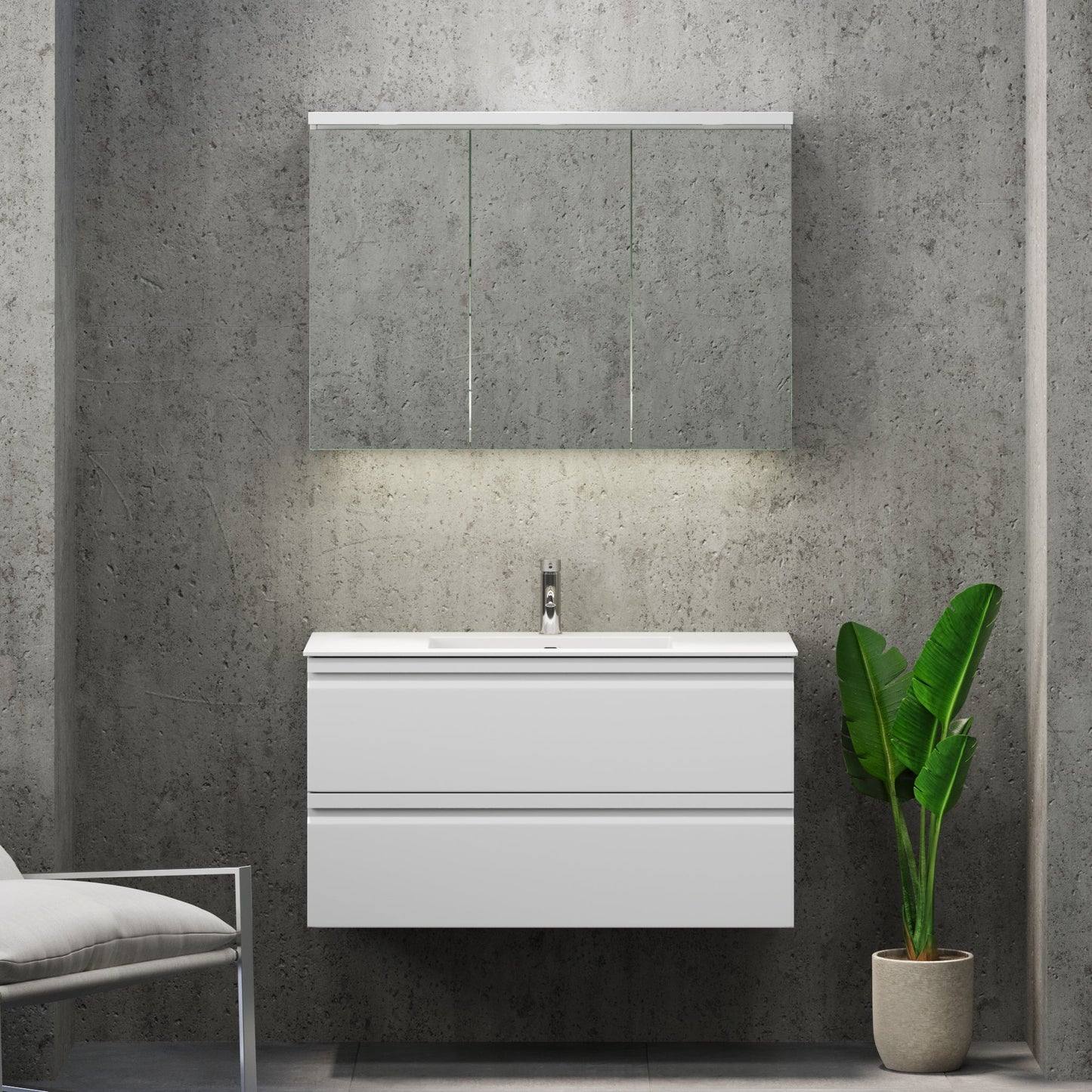 Badrumsmöbel med integrerade fronter - 60x46x57 cm - matt vit - tvättställ i massivt material - Knarrlagsund
