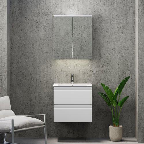 Badrumsmöbel med integrerade fronter - 60x46x57 cm - matt vit - tvättställ i massivt material - Knarrlagsund