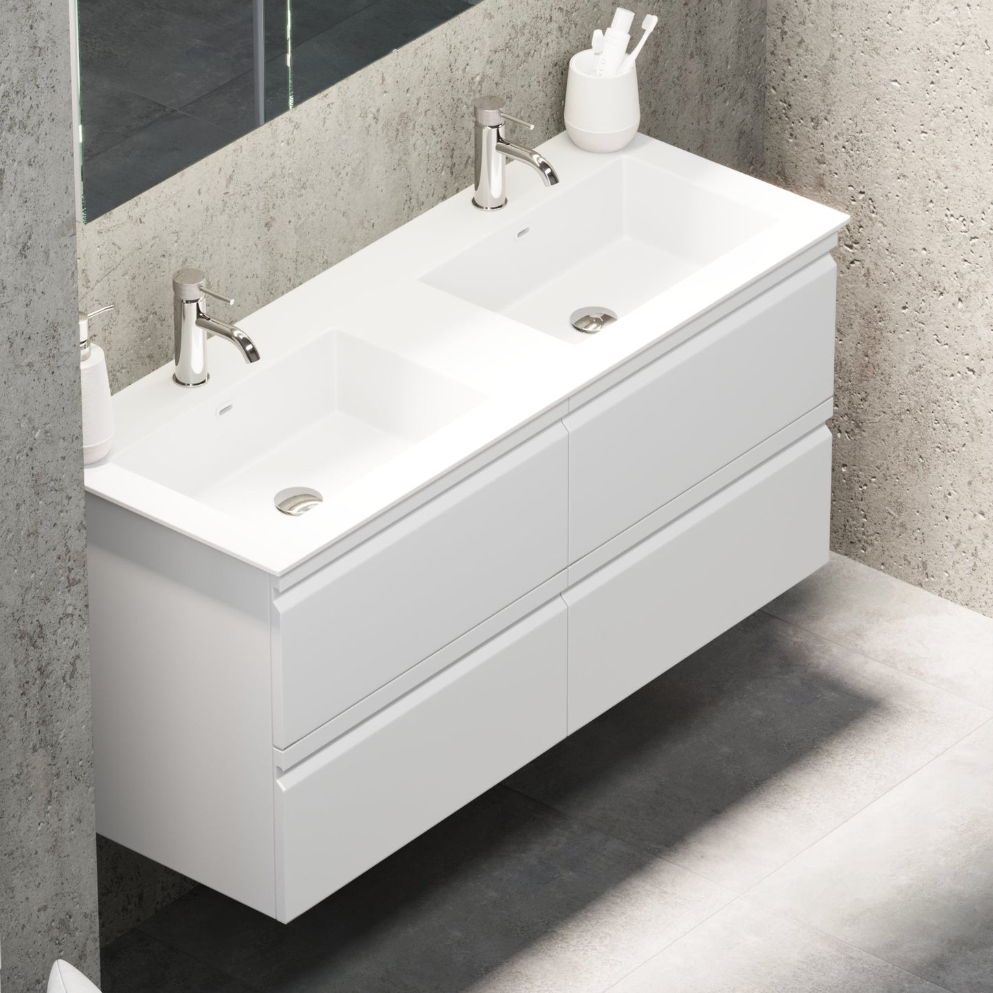 Badrumsmöbel med integrerade fronter - 60x46x57 cm - matt vit - tvättställ i massivt material - Knarrlagsund