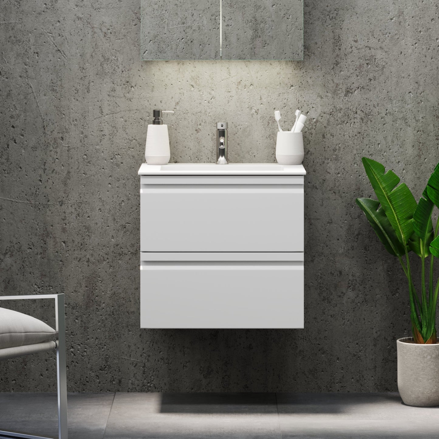 Badrumsmöbel med integrerade fronter - 60x46x57 cm - matt vit - tvättställ i massivt material - Knarrlagsund