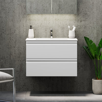 Badrumsmöbel med integrerade fronter - 60x46x57 cm - matt vit - tvättställ i massivt material - Knarrlagsund