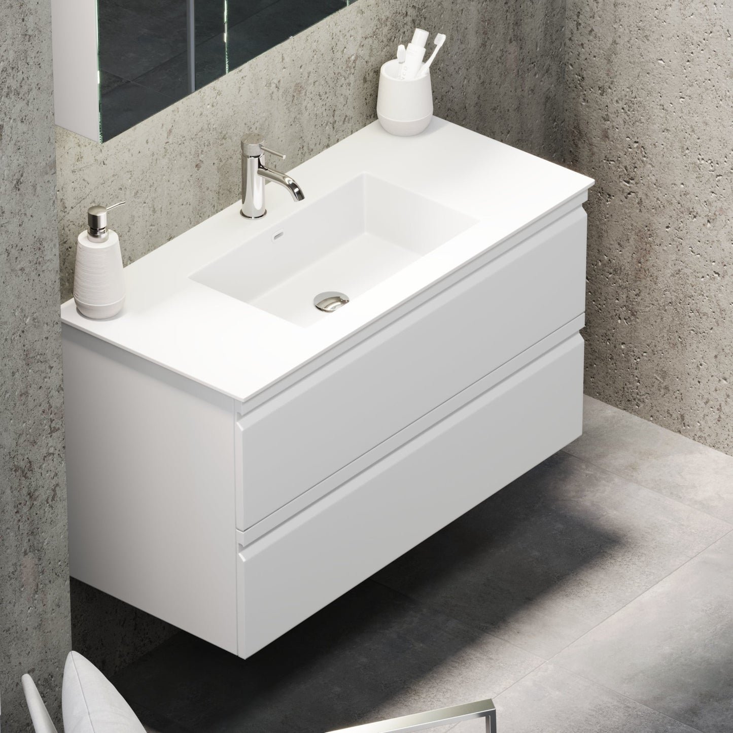 Badrumsmöbel med integrerade fronter - 60x46x57 cm - matt vit - tvättställ i massivt material - Knarrlagsund