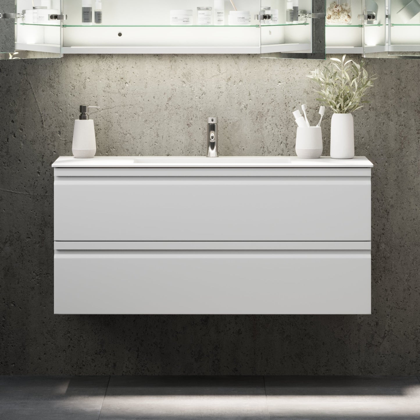 Badrumsmöbel med integrerade fronter - 60x46x57 cm - matt vit - tvättställ i massivt material - Knarrlagsund