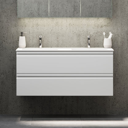 Badrumsmöbel med integrerade fronter - 60x46x57 cm - matt vit - tvättställ i massivt material - Knarrlagsund