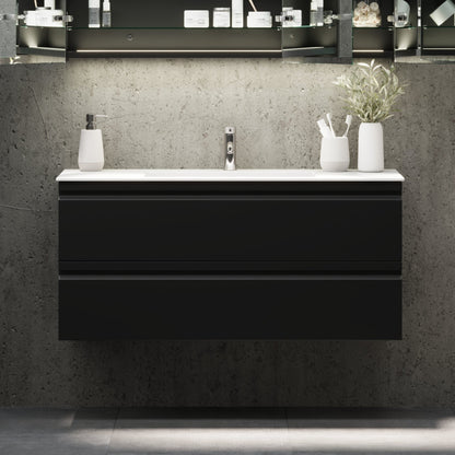 Badrumsmöbel med integrerade fronter - 60x46x57 cm - mattsvart - tvättställ i massivt material - Knarrlagsund