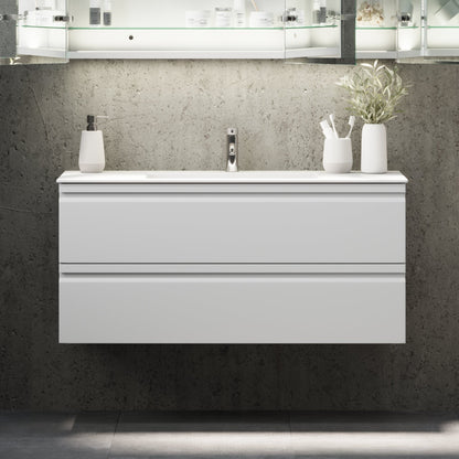 Badrumsmöbel med integrerade fronter - 80x46x57 cm - matt vit - tvättställ i solid surface - Knarrlagsund