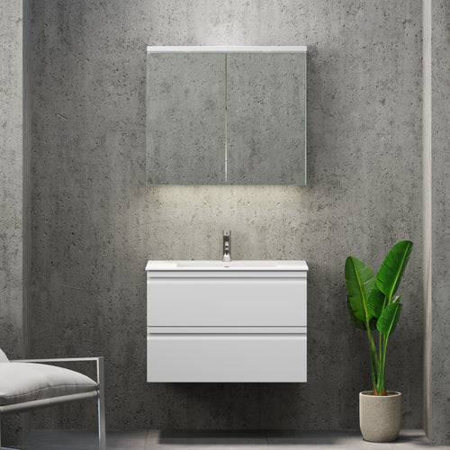 Badrumsmöbel med integrerade fronter - 80x46x57 cm - matt vit - tvättställ i solid surface - Knarrlagsund