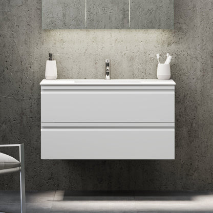 Badrumsmöbel med integrerade fronter - 80x46x57 cm - matt vit - tvättställ i solid surface - Knarrlagsund