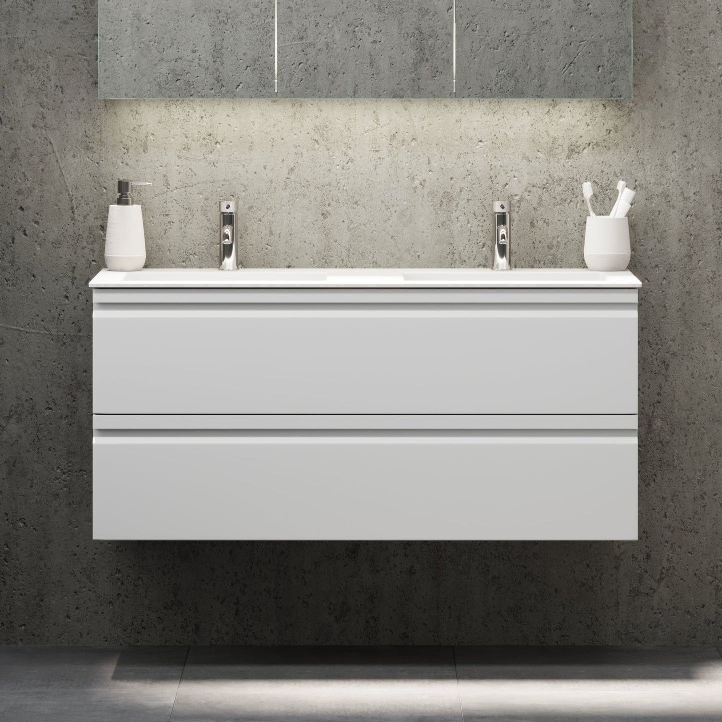 Badrumsmöbel med integrerade fronter - 80x46x57 cm - matt vit - tvättställ i solid surface - Knarrlagsund