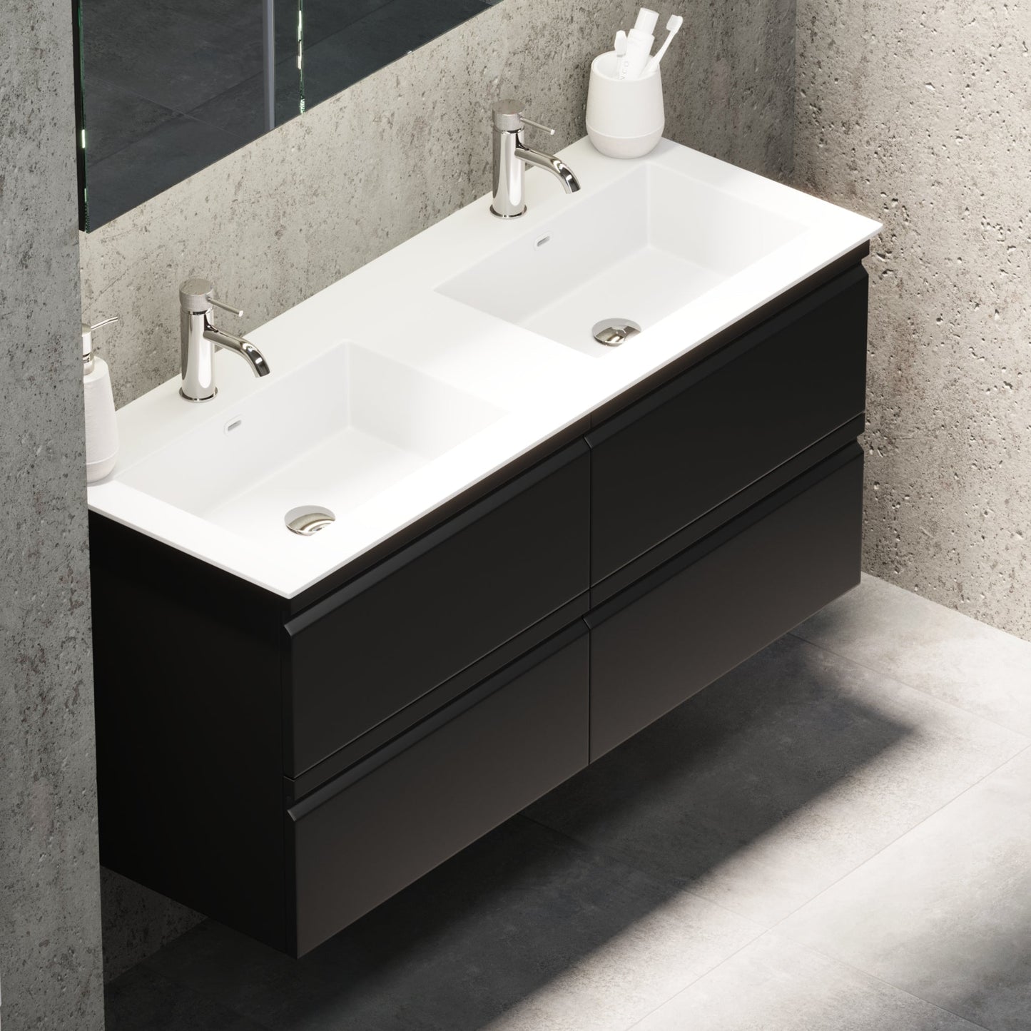 Badrumsmöbel med integrerade fronter - 80x46x57 cm - mattsvart - tvättställ i solid surface - Knarrlagsund