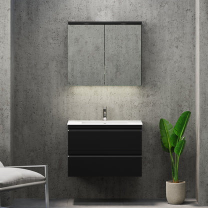 Badrumsmöbel med integrerade fronter - 80x46x57 cm - mattsvart - tvättställ i solid surface - Knarrlagsund