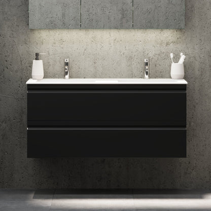 Badrumsmöbel med integrerade fronter - 80x46x57 cm - mattsvart - tvättställ i solid surface - Knarrlagsund