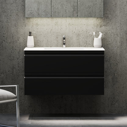 Badrumsmöbel med integrerade fronter - 80x46x57 cm - mattsvart - tvättställ i solid surface - Knarrlagsund