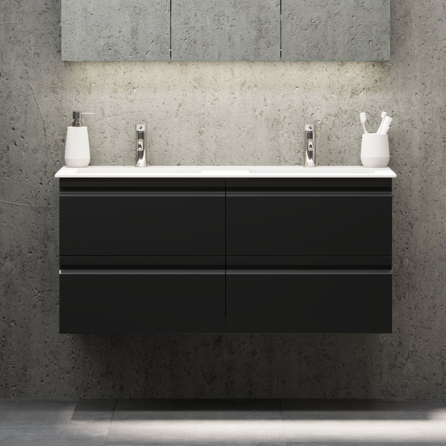 Badrumsmöbel med integrerade fronter - 80x46x57 cm - mattsvart - tvättställ i solid surface - Knarrlagsund