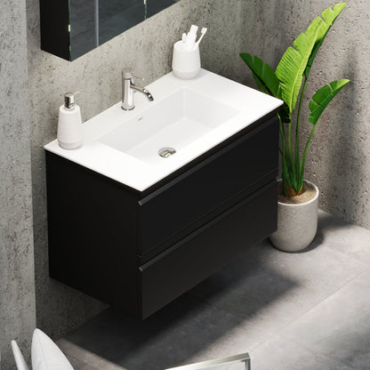 Badrumsmöbel med integrerade fronter - 80x46x57 cm - mattsvart - tvättställ i solid surface - Knarrlagsund
