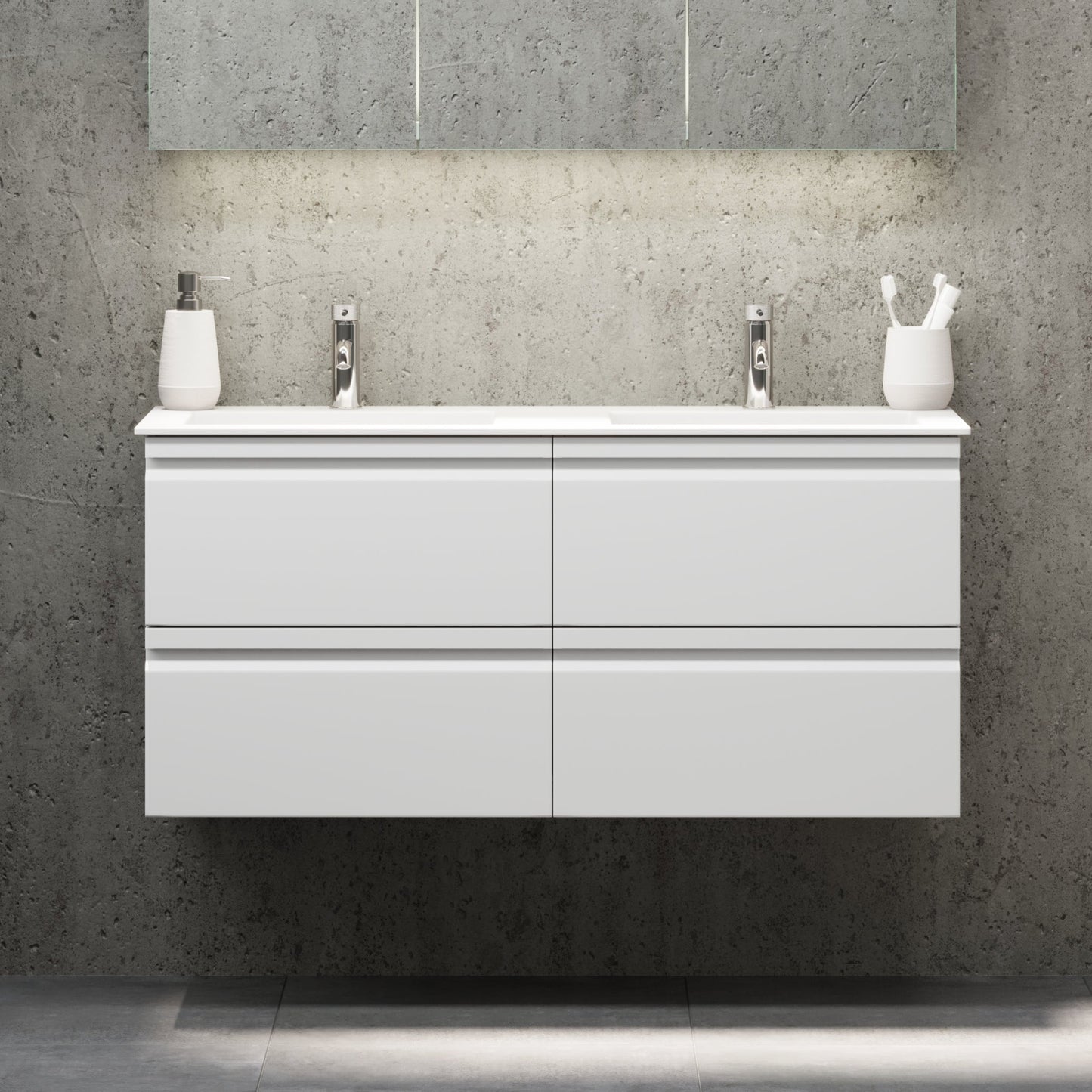 Badrumsmöbel med integrerade fronter - 100x46x57 cm - matt vit - tvättställ i solid surface - Knarrlagsund