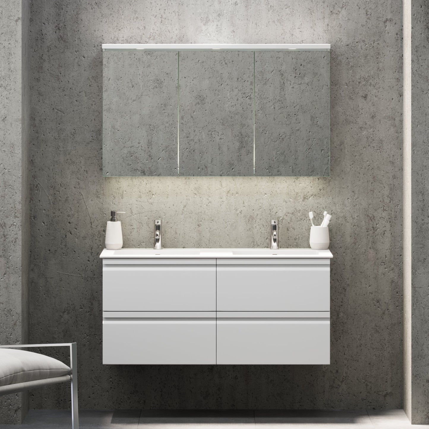 Badrumsmöbel med integrerade fronter - 100x46x57 cm - matt vit - tvättställ i solid surface - Knarrlagsund