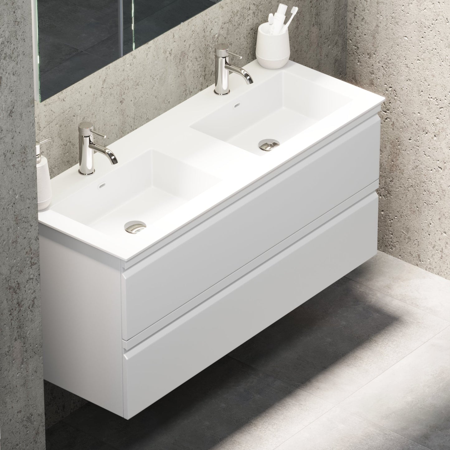 Badrumsmöbel med integrerade fronter - 100x46x57 cm - matt vit - tvättställ i solid surface - Knarrlagsund