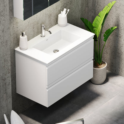 Badrumsmöbel med integrerade fronter - 100x46x57 cm - matt vit - tvättställ i solid surface - Knarrlagsund