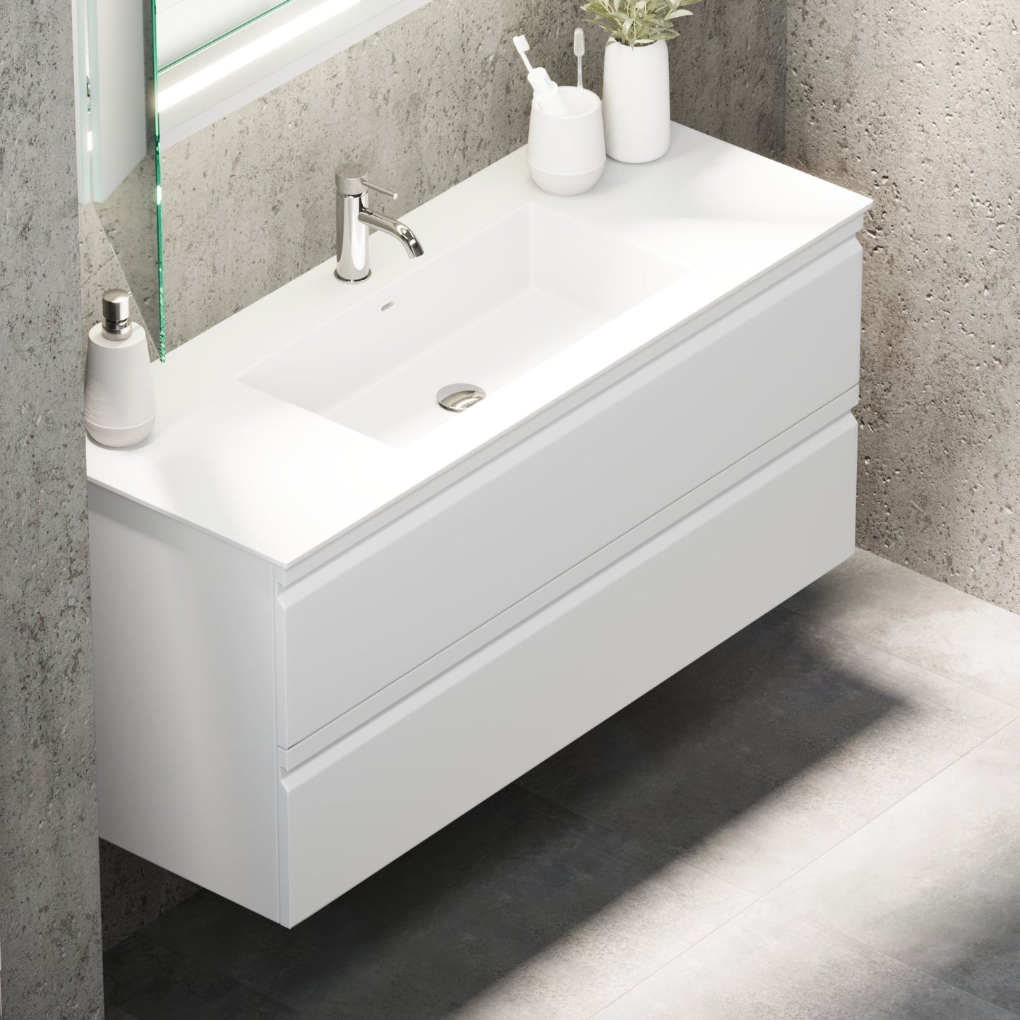 Badrumsmöbel med integrerade fronter - 100x46x57 cm - matt vit - tvättställ i solid surface - Knarrlagsund