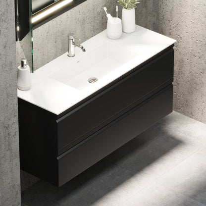 Badrumsmöbel med integrerade fronter - 100x46x57 cm - mattsvart - tvättställ i solid surface - Knarrlagsund