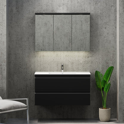 Badrumsmöbel med integrerade fronter - 100x46x57 cm - mattsvart - tvättställ i solid surface - Knarrlagsund