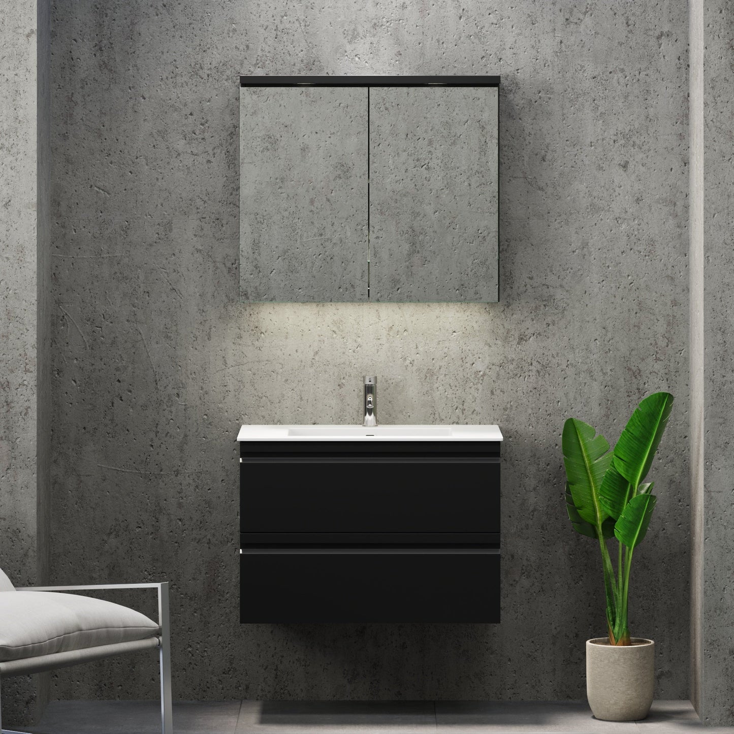 Badrumsmöbel med integrerade fronter - 100x46x57 cm - mattsvart - tvättställ i solid surface - Knarrlagsund