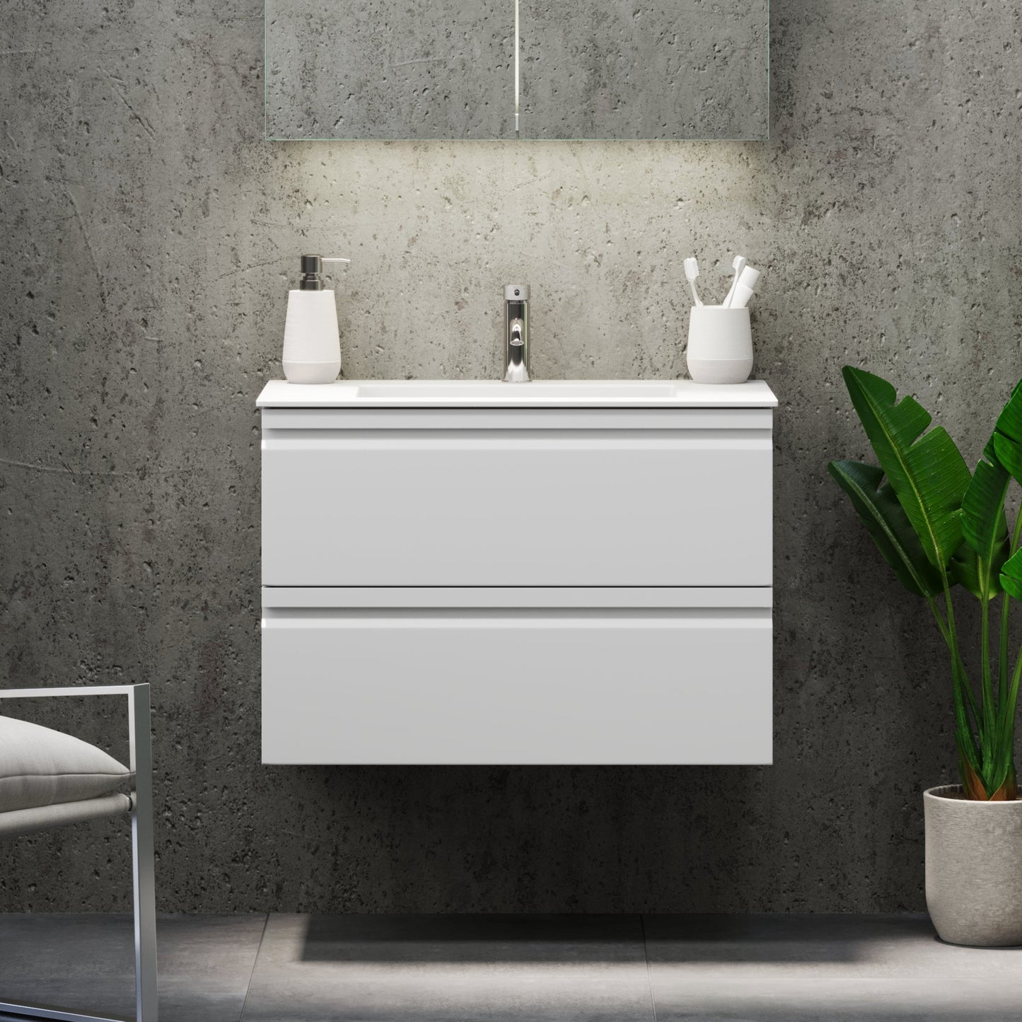 Badrumsmöbel med integrerade fronter - 120x46x57 cm - matt vit - tvättställ i solid surface - Knarrlagsund