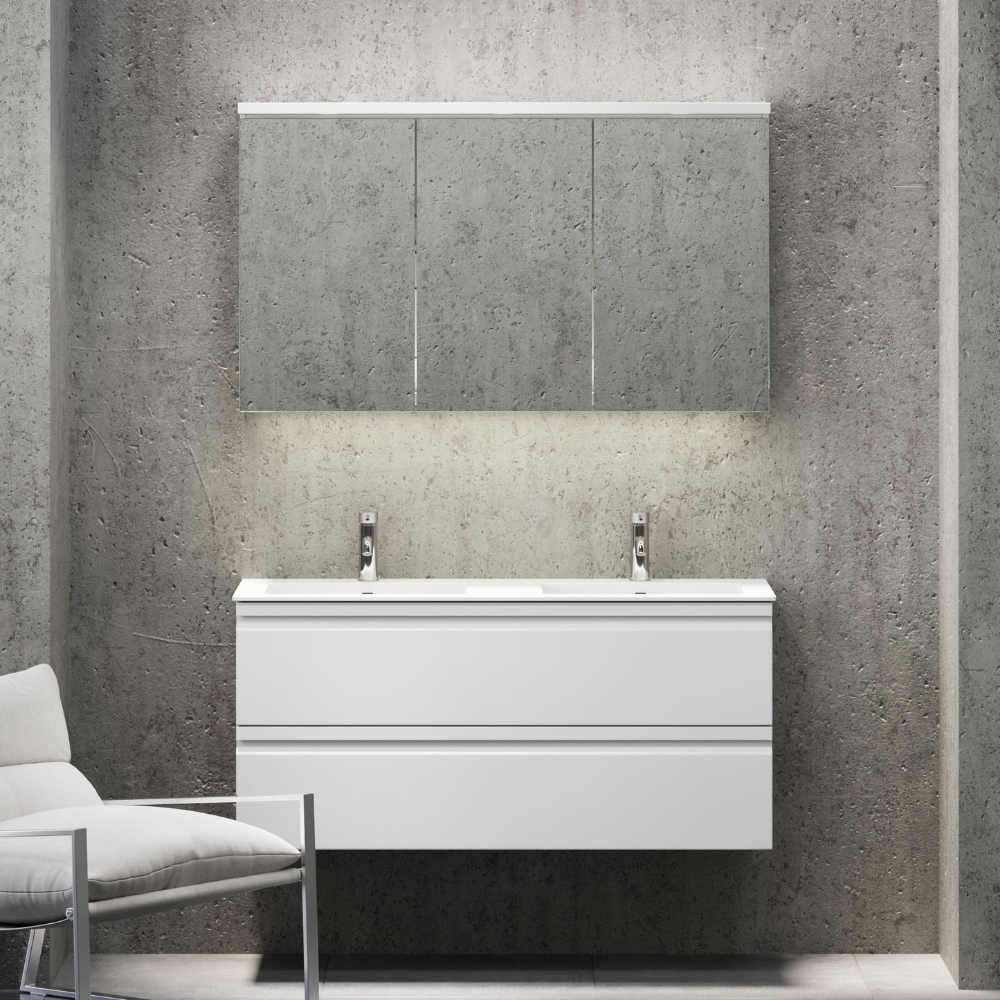 Badrumsmöbel med integrerade fronter - 120x46x57 cm - matt vit - tvättställ i solid surface - Knarrlagsund