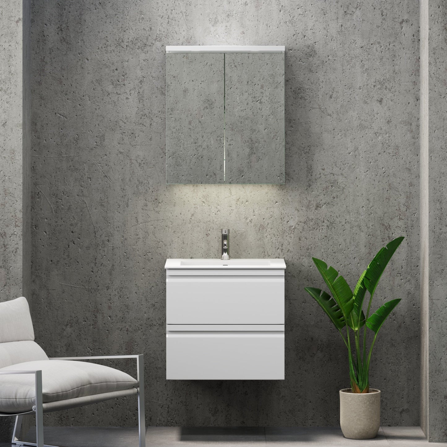 Badrumsmöbel med integrerade fronter - 120x46x57 cm - matt vit - tvättställ i solid surface - Knarrlagsund