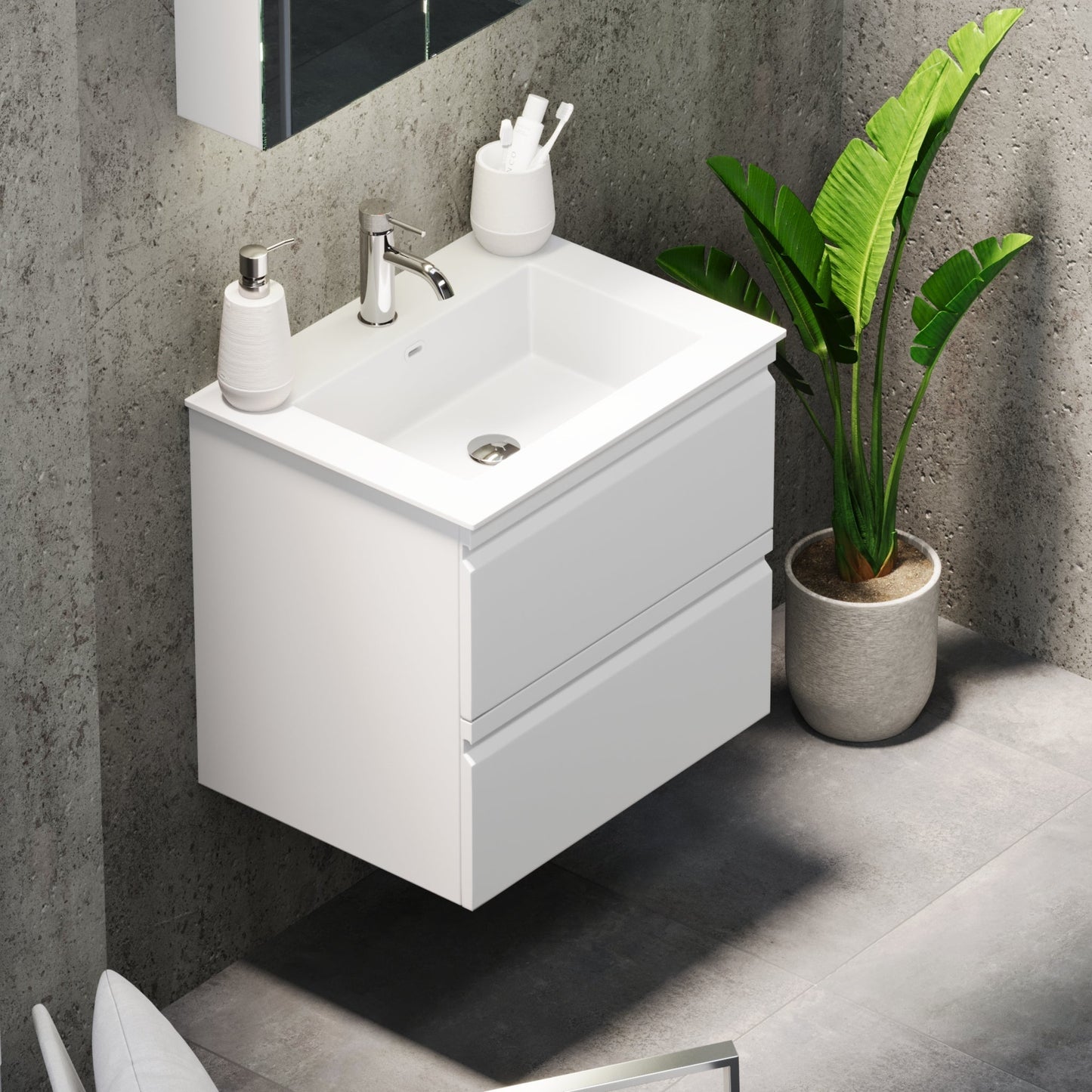 Badrumsmöbel med integrerade fronter - 120x46x57 cm - matt vit - tvättställ i solid surface - Knarrlagsund