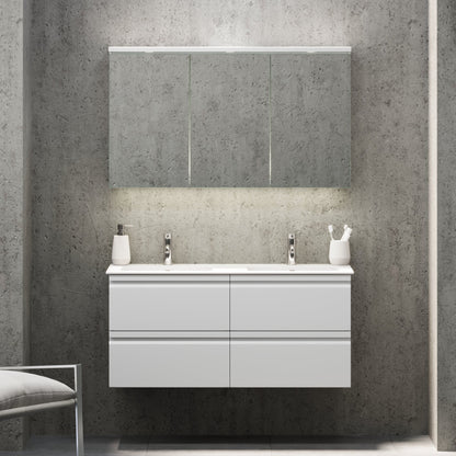 Badrumsmöbel med integrerade fronter - 120x46x57 cm - matt vit - tvättställ i solid surface - Knarrlagsund