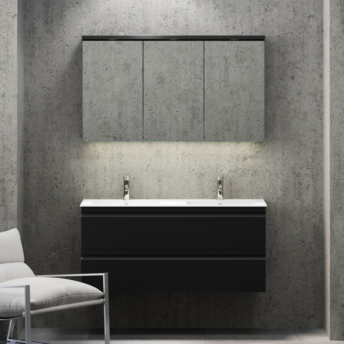 Badrumsmöbel med integrerade fronter - 120x46x57 cm - mattsvart - tvättställ i solid surface - Knarrlagsund