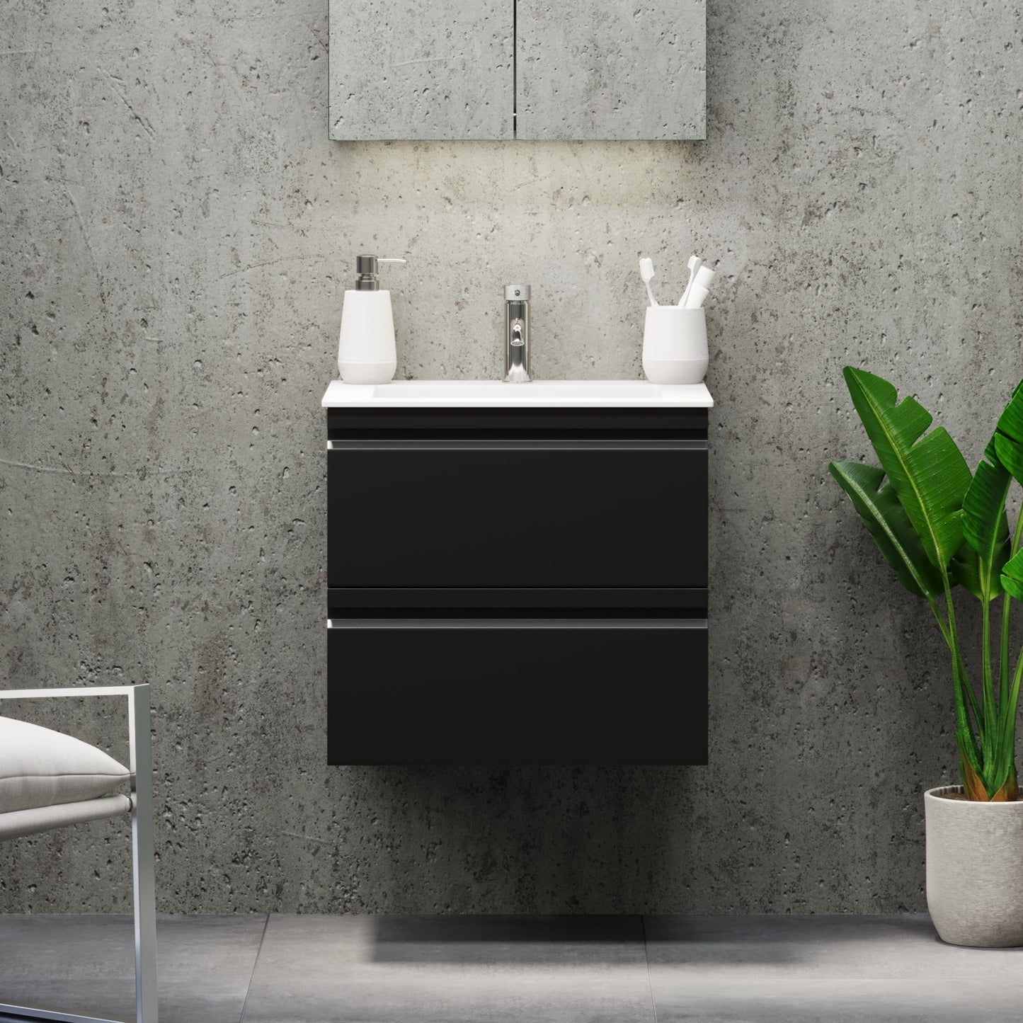 Badrumsmöbel med integrerade fronter - 120x46x57 cm - mattsvart - tvättställ i solid surface - Knarrlagsund