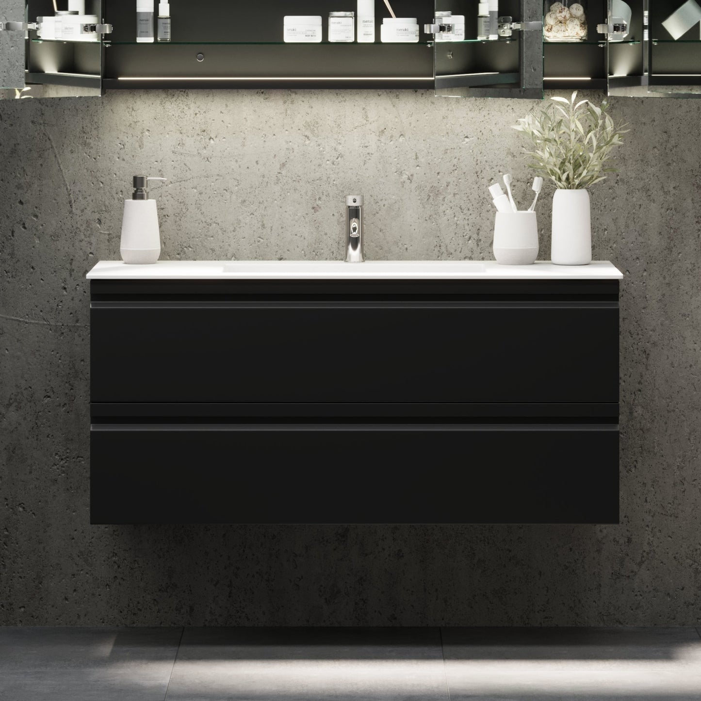 Badrumsmöbel med integrerade fronter - 120x46x57 cm - mattsvart - tvättställ i solid surface - Knarrlagsund