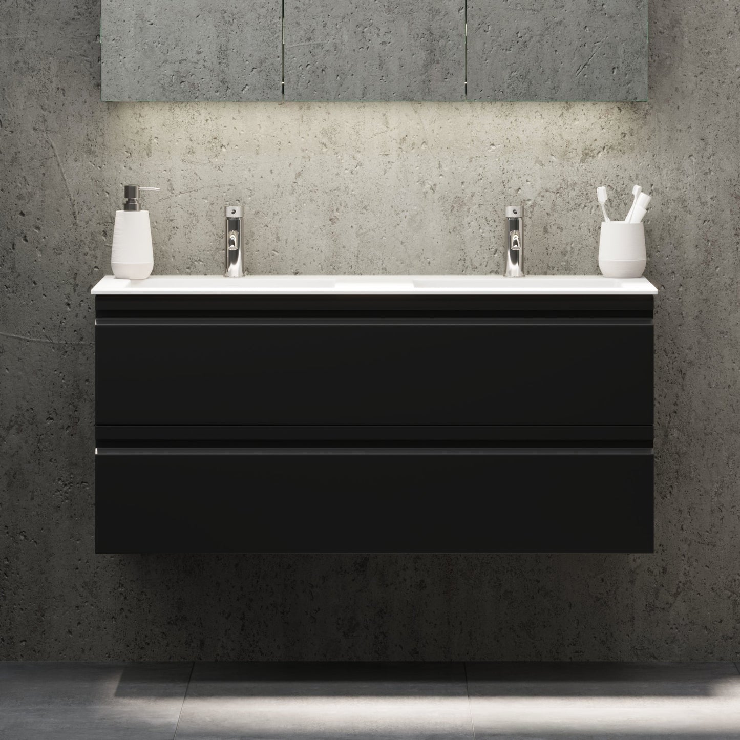 Badrumsmöbel med integrerade fronter - 120x46x57 cm - mattsvart - tvättställ i solid surface - Knarrlagsund