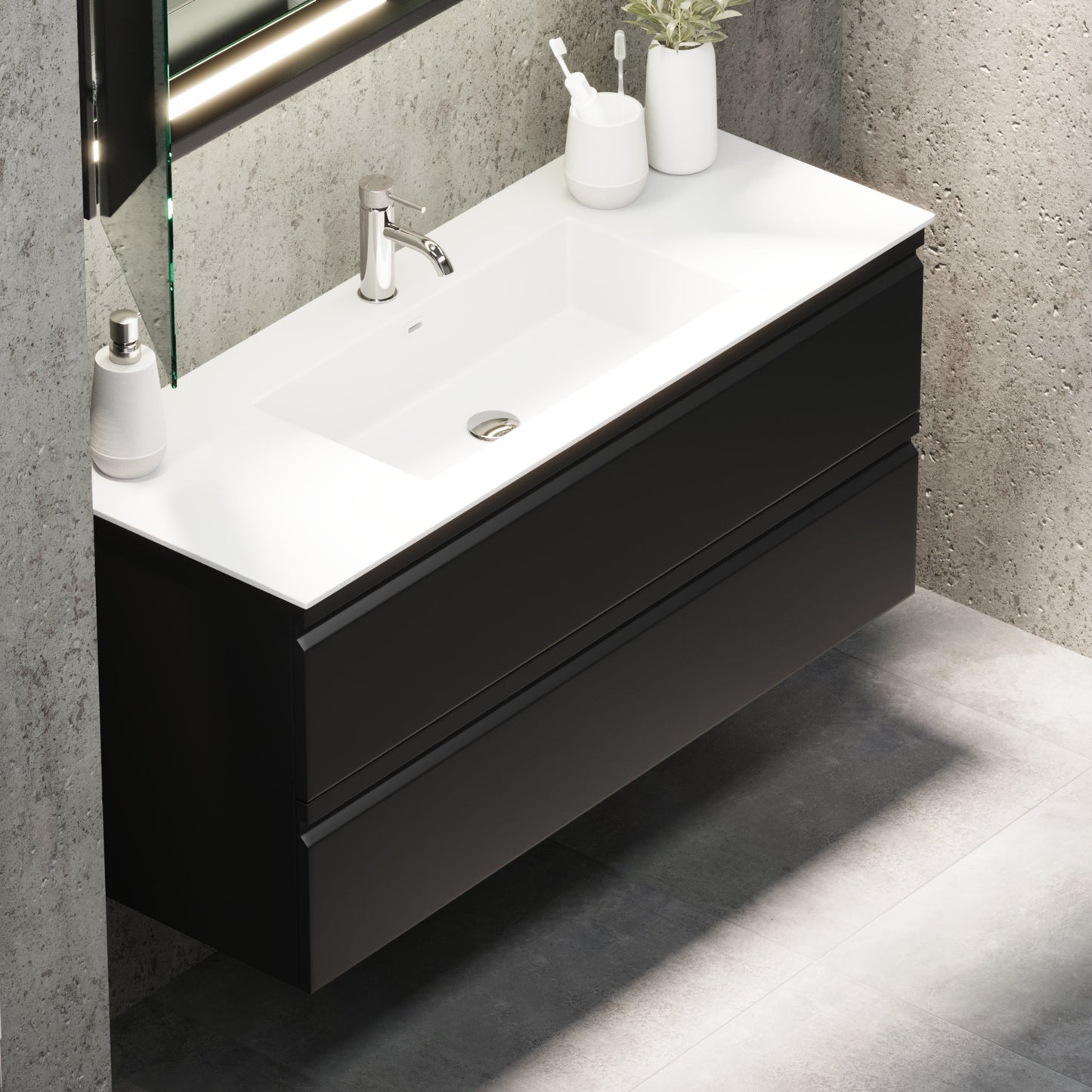 Badrumsmöbel med integrerade fronter - 120x46x57 cm - mattsvart - tvättställ i solid surface - Knarrlagsund