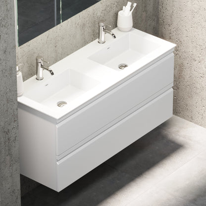 Badrumsmöbel med integrerade fronter - 120x46x57 cm - mattvit - dubbelt tvättställ i solid surface - Knarrlagsund