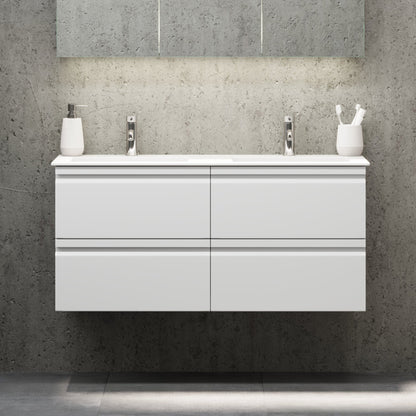 Badrumsmöbel med integrerade fronter - 120x46x57 cm - mattvit - dubbelt tvättställ i solid surface - Knarrlagsund