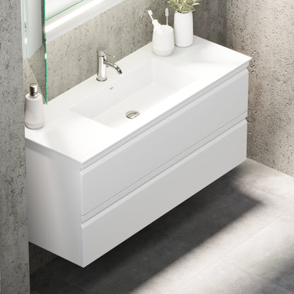 Badrumsmöbel med integrerade fronter - 120x46x57 cm - mattvit - dubbelt tvättställ i solid surface - Knarrlagsund