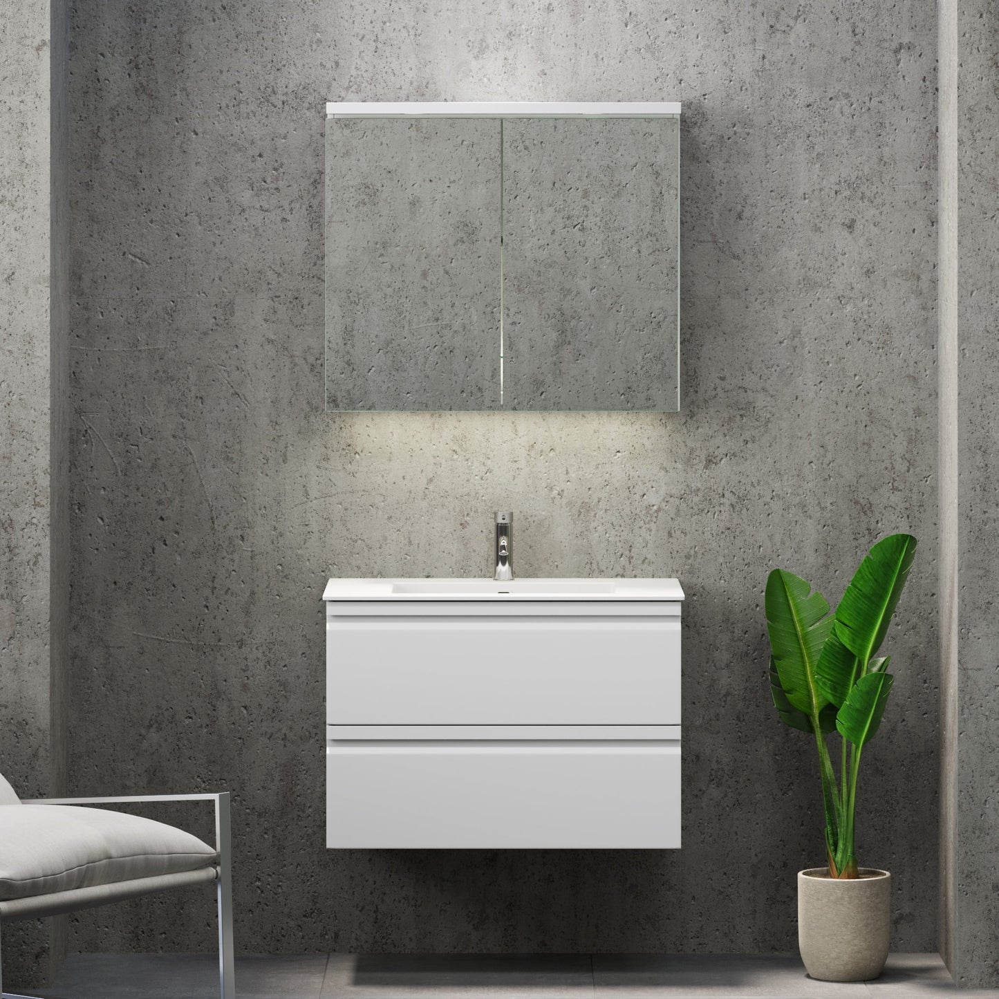 Badrumsmöbel med integrerade fronter - 120x46x57 cm - mattvit - dubbelt tvättställ i solid surface - Knarrlagsund