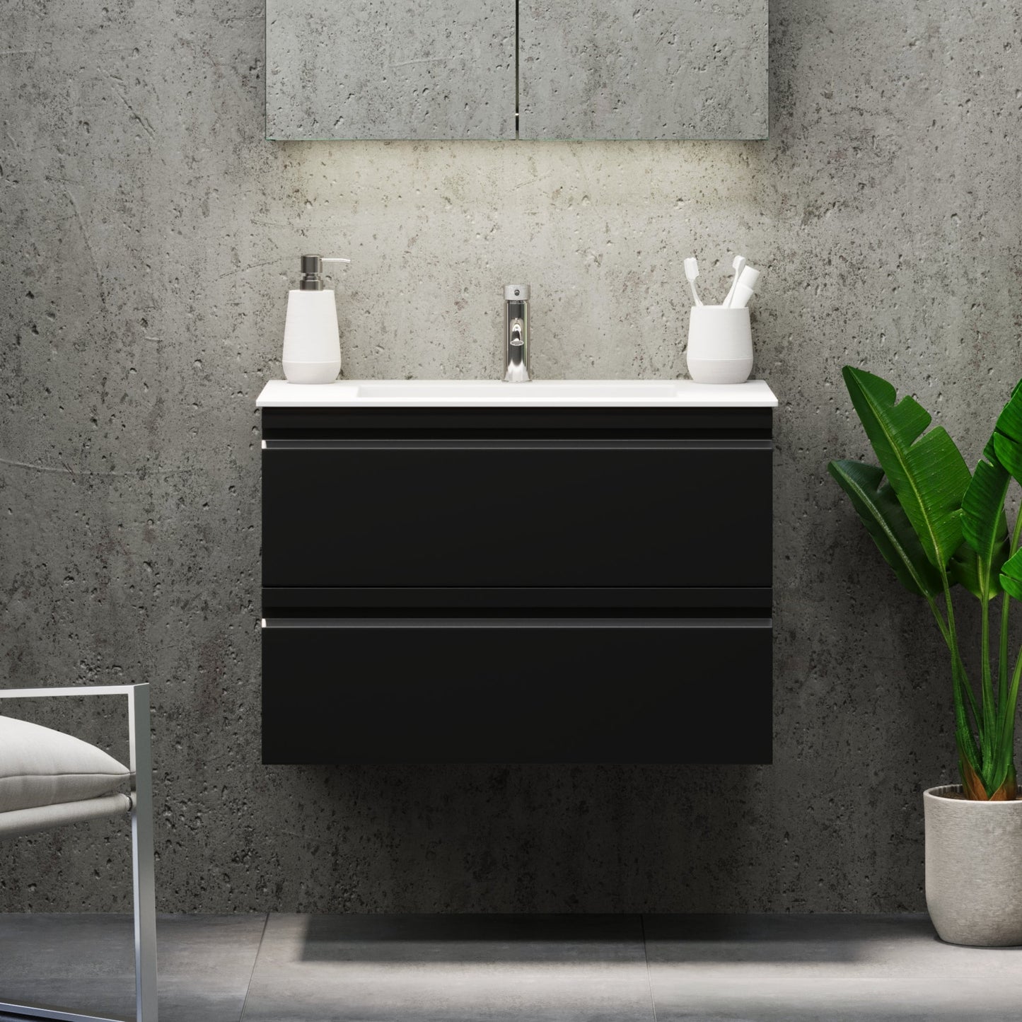 Badrumsmöbel med integrerade fronter - 120x46x57 cm - mattsvart - dubbelt tvättställ i solid surface - Knarrlagsund