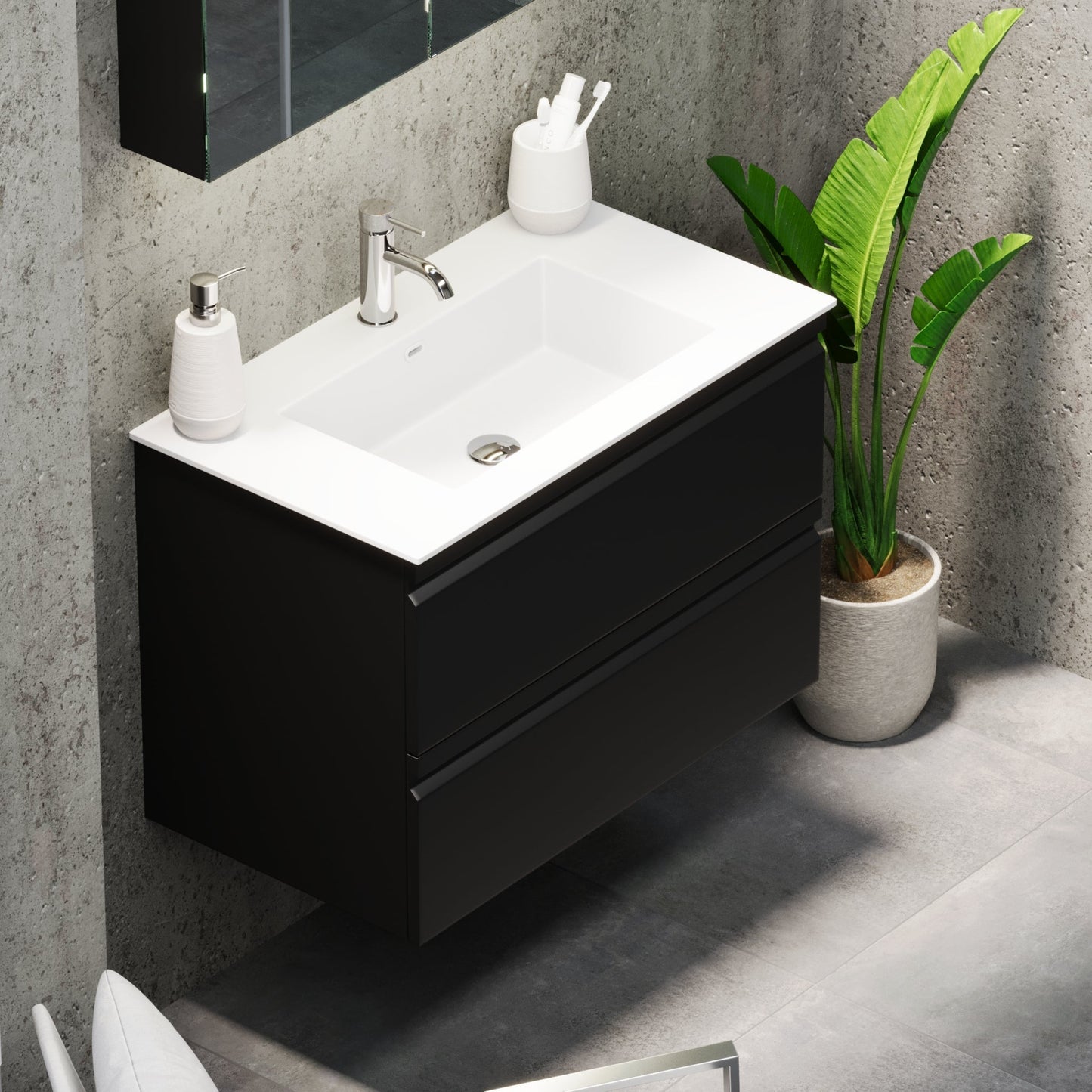 Badrumsmöbel med integrerade fronter - 120x46x57 cm - mattsvart - dubbelt tvättställ i solid surface - Knarrlagsund