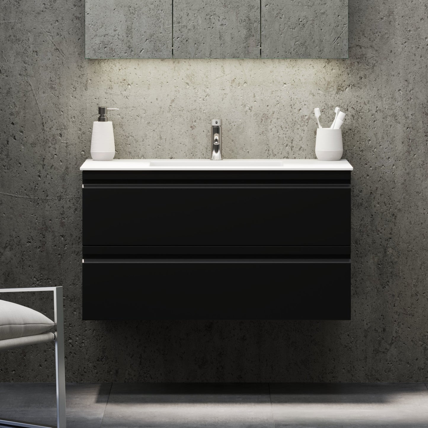 Badrumsmöbel med integrerade fronter - 120x46x57 cm - mattsvart - dubbelt tvättställ i solid surface - Knarrlagsund