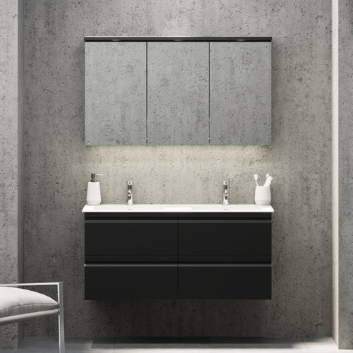 Badrumsmöbel med integrerade fronter - 120x46x57 cm - mattsvart - dubbelt tvättställ i solid surface - Knarrlagsund