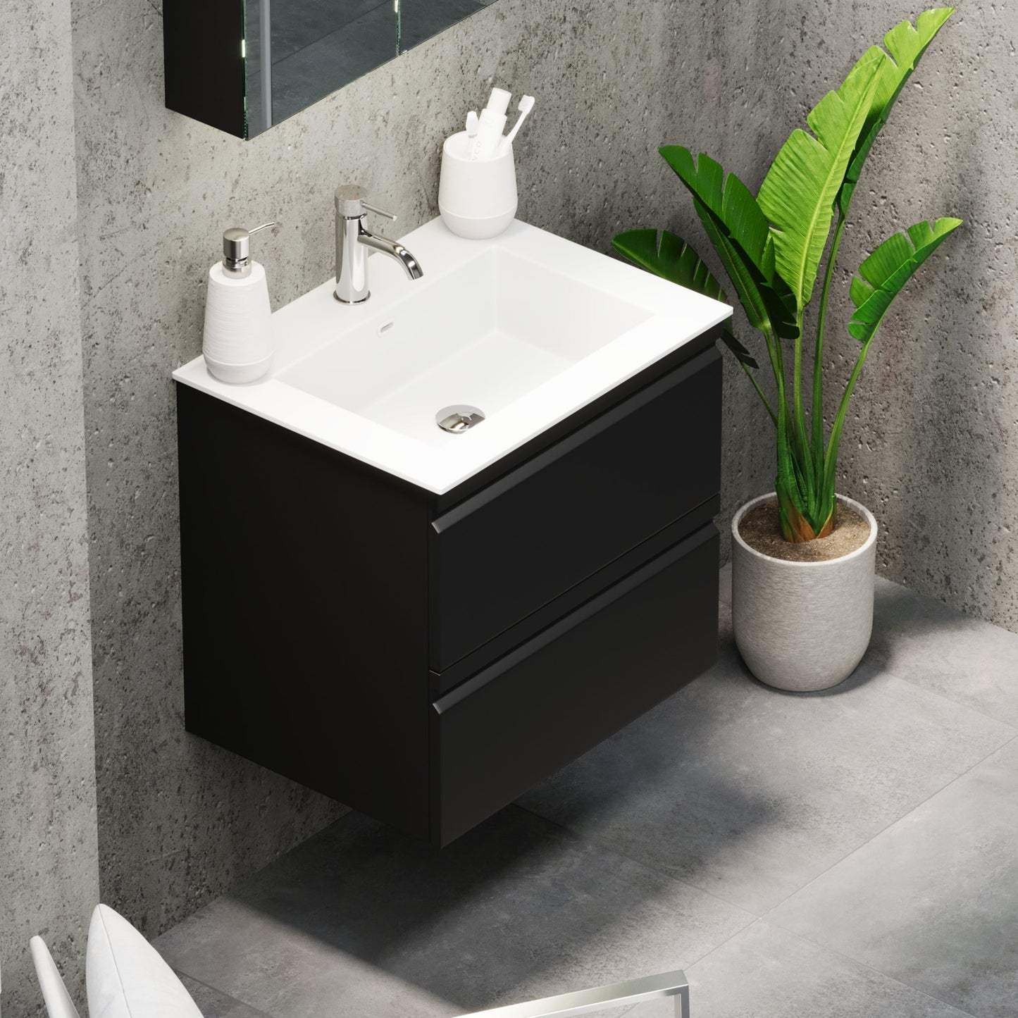 Badrumsmöbel med integrerade fronter - 120x46x57 cm - mattsvart - dubbelt tvättställ i solid surface - Knarrlagsund