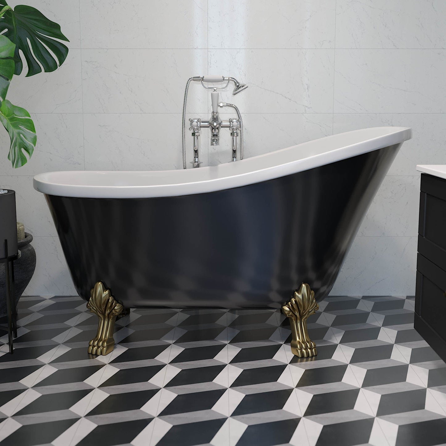 Fristående retro badkar 160 cm i vit akryl med kromade lejontassar och avloppssats - Svinkløv