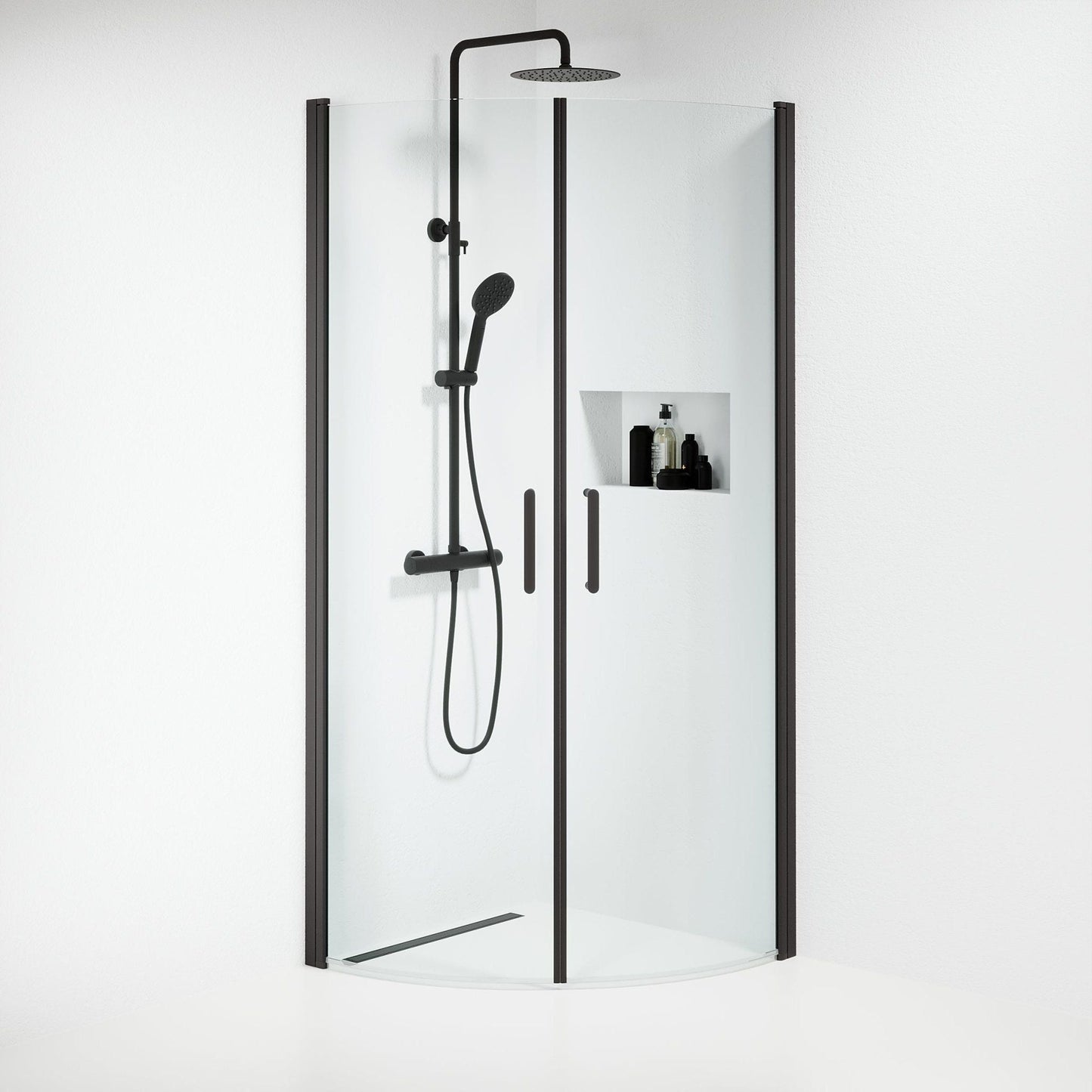 Duschhörna halvrund 80x80x195 cm - 6 mm klart nanoglas - svart profil - Sandefjord