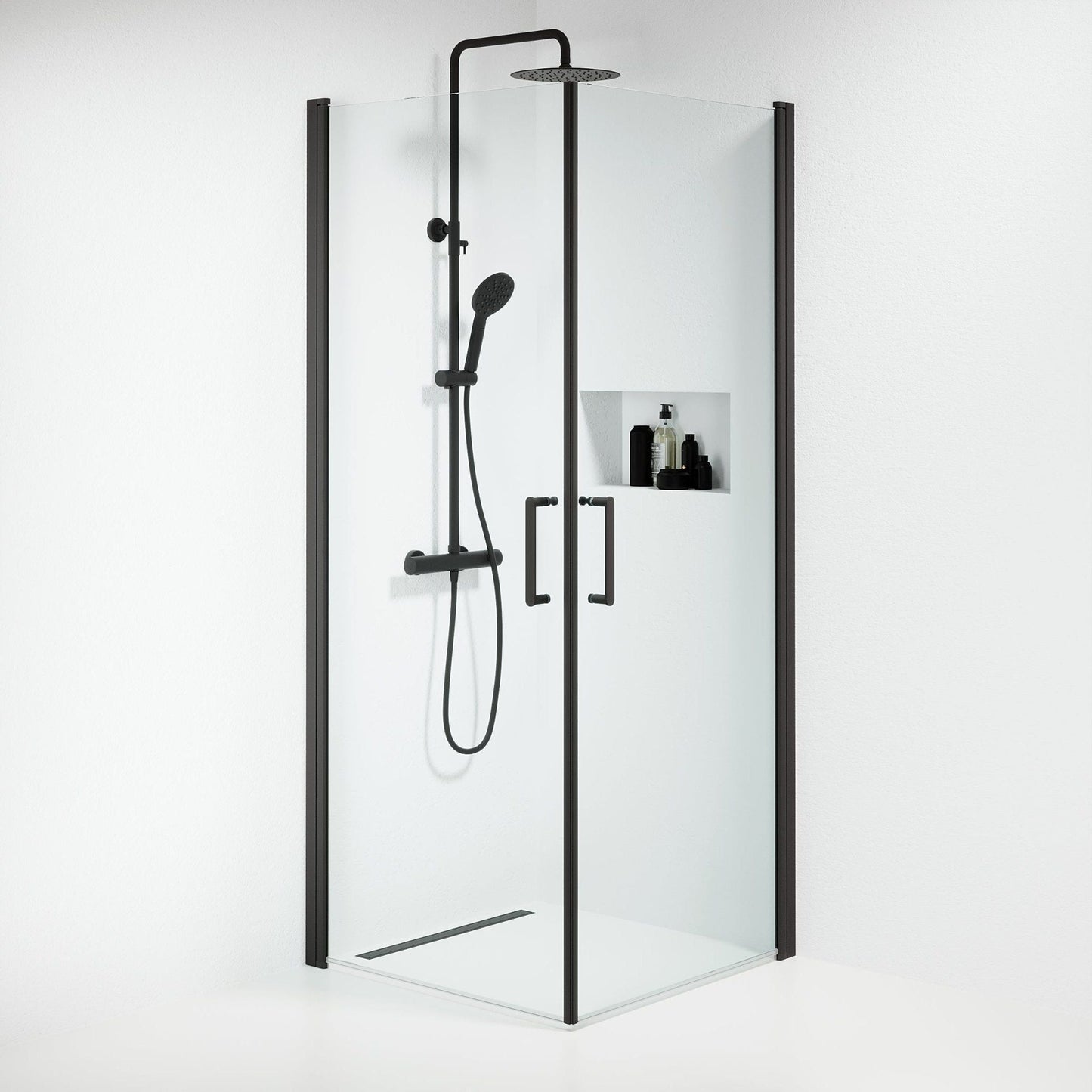 Duschhörna fyrkantig 80x80x195 cm - 6 mm klart nanoglas - svart profil - Sandefjord